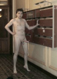 Naked in the public hallway...