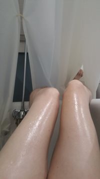 You can only barely see my foot, but I had just oiled my legs, alone unfort...