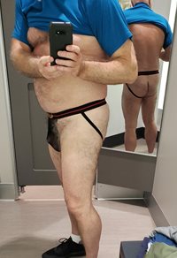 Wearing a see-through jockstrap in the dressing room