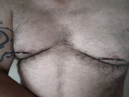 Pre cum covered, clipped nipples