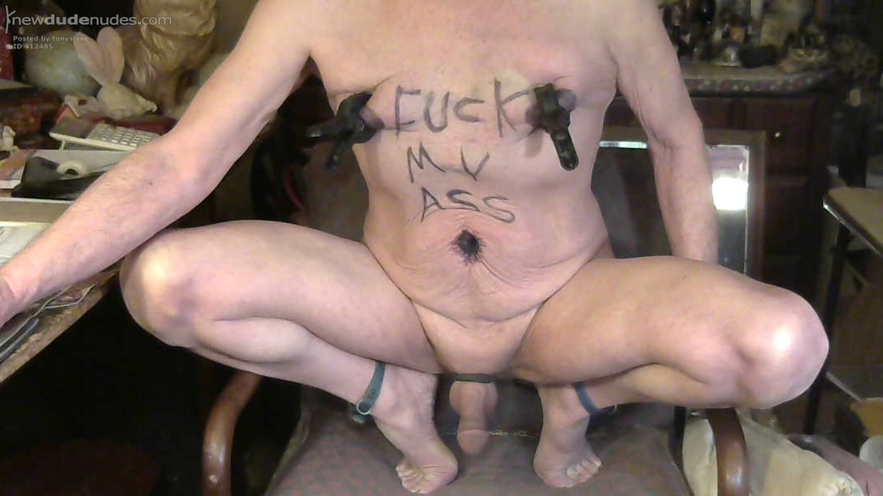 tonyslave displayed naked with slave nipples clamped