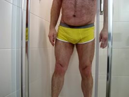 YELLOW BOXERS IN SHOWER